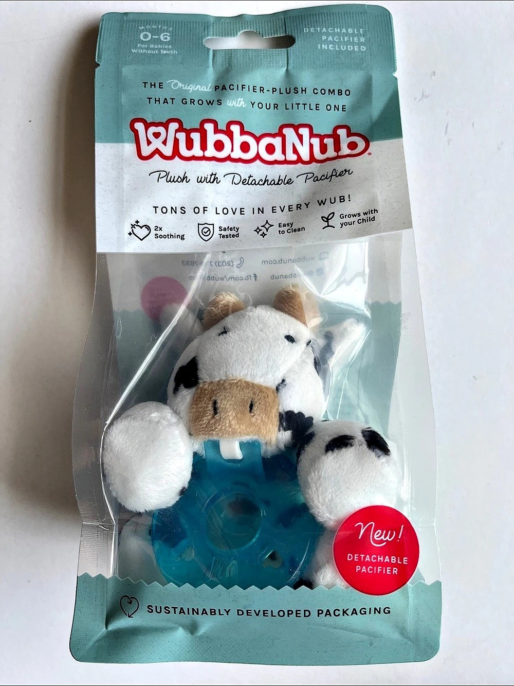 WubbaNub Plush Cow with Detachable Pacifier Baby 0-6M NWT